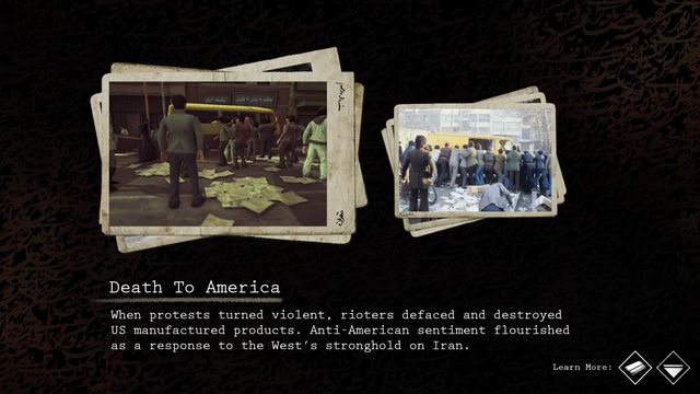 After you take a photo of the men by the yellow bus, you receive the Death to America entry. - Chapters 10-19 - Stories - 1979 Revolution: Black Friday - Game Guide and Walkthrough