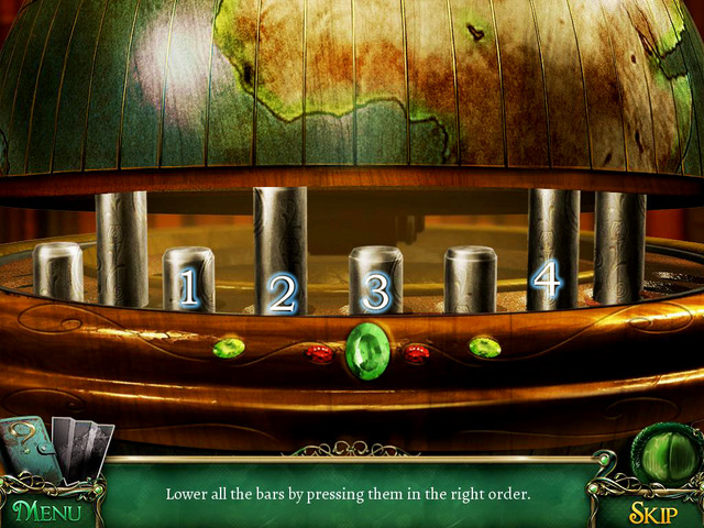 The proper order: rods nr 3 [1], nr 4 [2], nr 5 [3] and nr 7 [4] - Puzzles - Collectibles and puzzles - 9 Clues: The Secret of Serpent Creek - Game Guide and Walkthrough