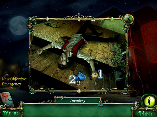 When you exit the room, click next to the unconscious man (arrow changes into a magnifying glass) - Hotel - Main storyline - 9 Clues: The Secret of Serpent Creek - Game Guide and Walkthrough