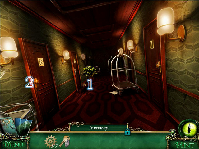 Approach the door to the room number 6 and pick up a Gear [1] - Hotel - Main storyline - 9 Clues: The Secret of Serpent Creek - Game Guide and Walkthrough