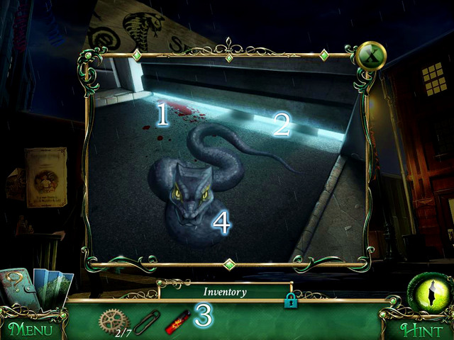 Notice blood [1] and human shade [2] in the Garage guarded by the snake - City streets - Main storyline - 9 Clues: The Secret of Serpent Creek - Game Guide and Walkthrough