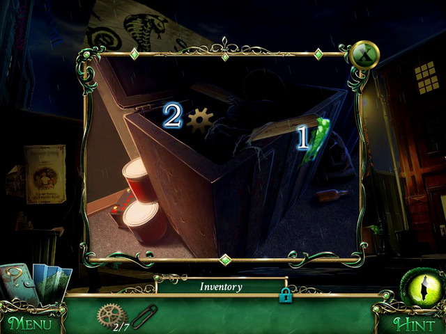 Look at the part of shirt [1] and then pick up another Gear [2] - City streets - Main storyline - 9 Clues: The Secret of Serpent Creek - Game Guide and Walkthrough