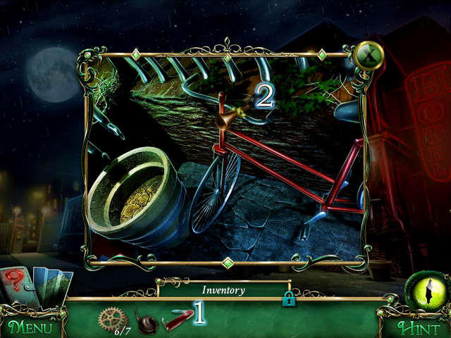 Approach the bike and use Pocket Knife [1] on Bike Horn [2], what gives you the latter mentioned item - Return to the hotel - Main storyline - 9 Clues: The Secret of Serpent Creek - Game Guide and Walkthrough