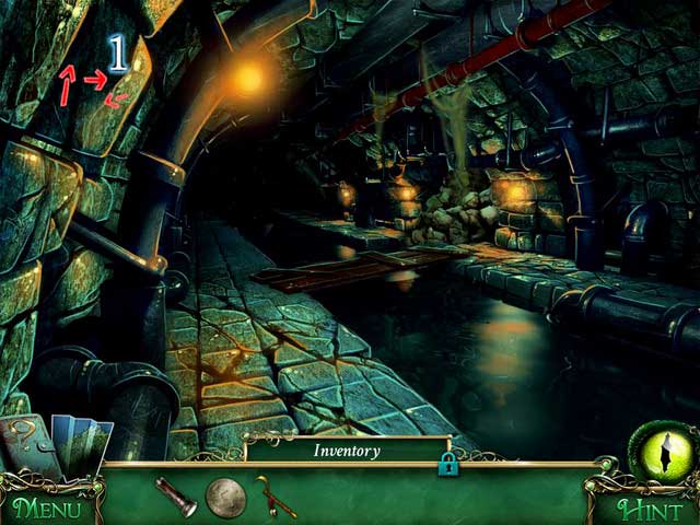 Following the hints in the left corner [1], go through the sewers until you get to the place blocked by the steam coming out from the pipes - Sewers - Main storyline - 9 Clues: The Secret of Serpent Creek - Game Guide and Walkthrough