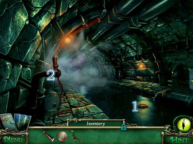 Using Ritual sickle reach for Valve [1] and then approach the place [2] - Sewers - Main storyline - 9 Clues: The Secret of Serpent Creek - Game Guide and Walkthrough