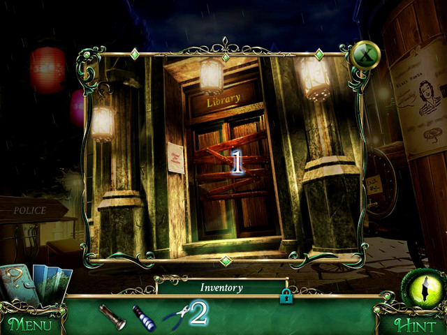 Destroy the barricade [1] using Pliers [2] when you approach a library door - Library - Main storyline - 9 Clues: The Secret of Serpent Creek - Game Guide and Walkthrough