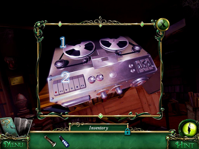 Move again to Reading Section and, more precisely, approach the magnetophone Put a Murder tape onto a proper place [1] and Play button [2] which can be found in the drawer on right - Library - Main storyline - 9 Clues: The Secret of Serpent Creek - Game Guide and Walkthrough