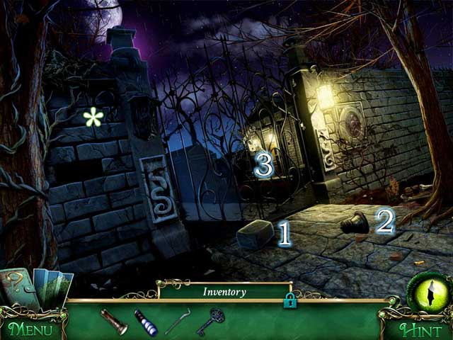 In front of the Cemetery gate you find an Urn [1] and a Brick [2] - Cemetery - Main storyline - 9 Clues: The Secret of Serpent Creek - Game Guide and Walkthrough