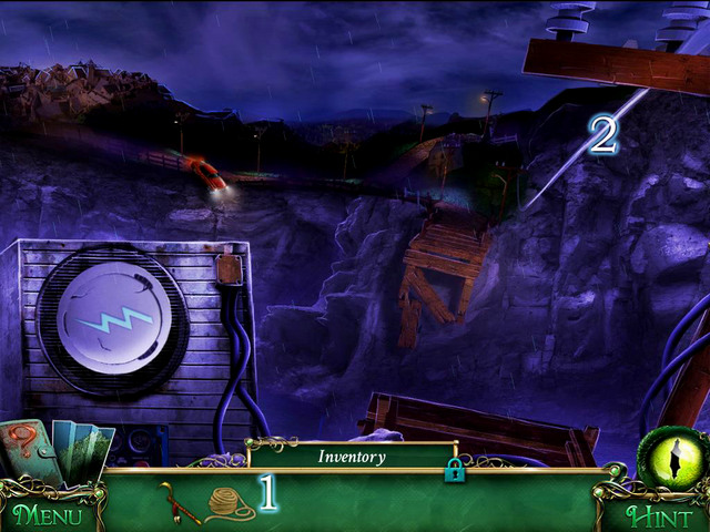 Turn nearby the Bridge and then grab a Rope [1] and slide down by the high voltage - Lighthouse - Main storyline - 9 Clues: The Secret of Serpent Creek - Game Guide and Walkthrough