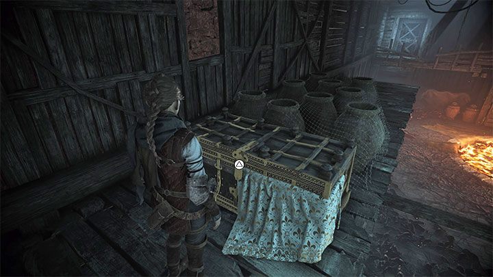 Go through the upper balconies (on the way you have to climb up the shelf next to the big barrel) to the place where the chest is - Plague Tale Requiem: Secret Chests - Chapter 4 (Protectors Duty) - list, locations - Secret chests - A Plague Tale Requiem Guide, Walkthrough