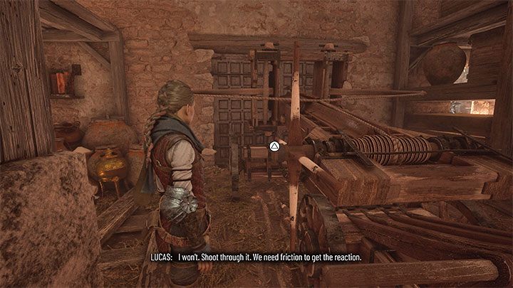 Proceed to push the ballista - it must ultimately stop in front of the barn gate - Plague Tale Requiem: Chapter 3, Escape the fort - walkthrough - Chapter 3 - A Burden of Blood - A Plague Tale Requiem Guide, Walkthrough