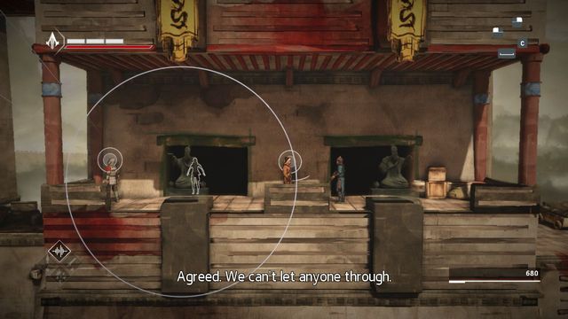 Walk to the left side of the hideout, whistle and lure the Scout - The Betrayal - walkthrough for sequence 11 - Walkthrough - Assassins Creed Chronicles: China - Game Guide and Walkthrough