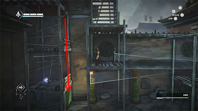 Dont drop down until one enemy turns around - Old Friend - walkthrough for sequence 9 - Walkthrough - Assassins Creed Chronicles: China - Game Guide and Walkthrough