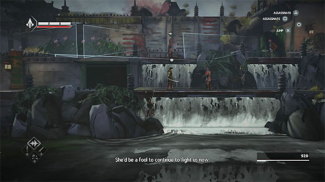 Hang on the edge after you get close to waterfall - Old Friend - walkthrough for sequence 9 - Walkthrough - Assassins Creed Chronicles: China - Game Guide and Walkthrough