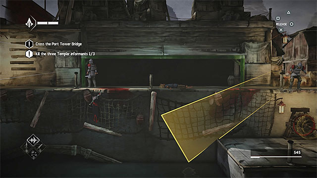 After using the knob move left and wait for the enemy with lantern to resume his normal patrol - The Port - walkthrough for sequence 3 - Walkthrough - Assassins Creed Chronicles: China - Game Guide and Walkthrough