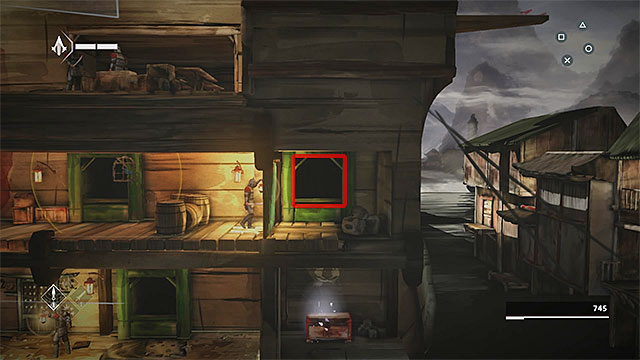 After you reach the upper deck, Shao Jun will touch the bamboo curtain and thus get attention of new enemy with a lantern - The Port - walkthrough for sequence 3 - Walkthrough - Assassins Creed Chronicles: China - Game Guide and Walkthrough