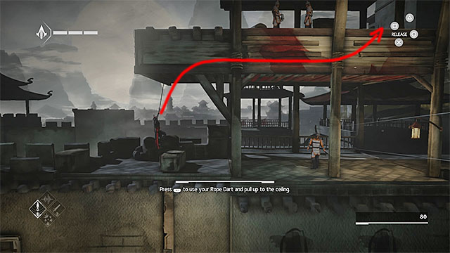 Hold to the ceiling when the guard will look right - The Slaver - walkthrough for sequence 4 - Walkthrough - Assassins Creed Chronicles: China - Game Guide and Walkthrough