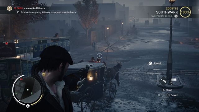After jumping on the roof you can use precise aiming to perform a headshot. - Carriages | Moving - Moving - Assassins Creed: Syndicate Game Guide & Walkthrough