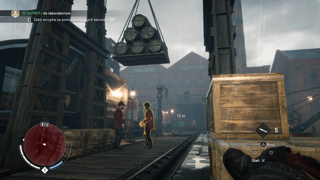 Throwing the barrels on the head of the opponents is a part of the side challenge. - 01 - A Simple Plan | Syndicate Sequence 2 Walkthrough - Sequence 2 - Assassins Creed: Syndicate Game Guide & Walkthrough