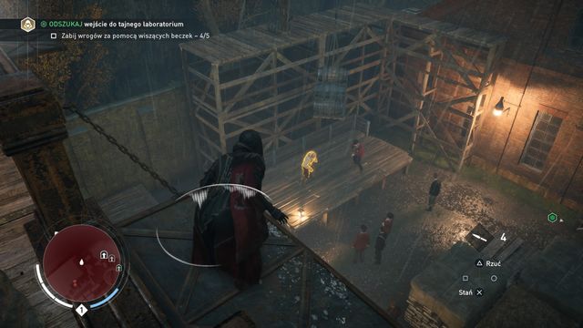 Immediately after reaching the exit look to the right side where you will notice hanging barrels - 01 - A Simple Plan | Syndicate Sequence 2 Walkthrough - Sequence 2 - Assassins Creed: Syndicate Game Guide & Walkthrough