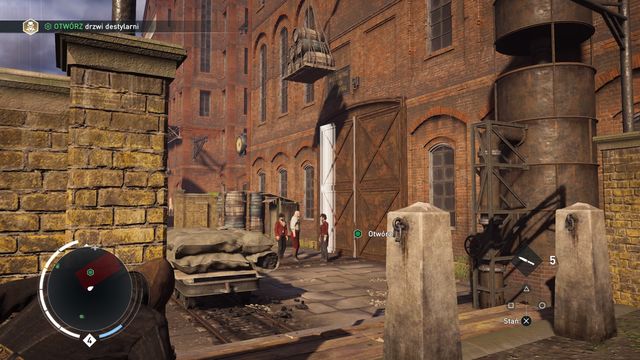 Once the mission starts, jump to the haystack below and hide behind the wall, having the entrance visible in front of you (as on the screen) - 02 - Unnatural Selection | Syndicate Sequence 4 Walkthrough - Sequence 4 - Assassins Creed: Syndicate Game Guide & Walkthrough