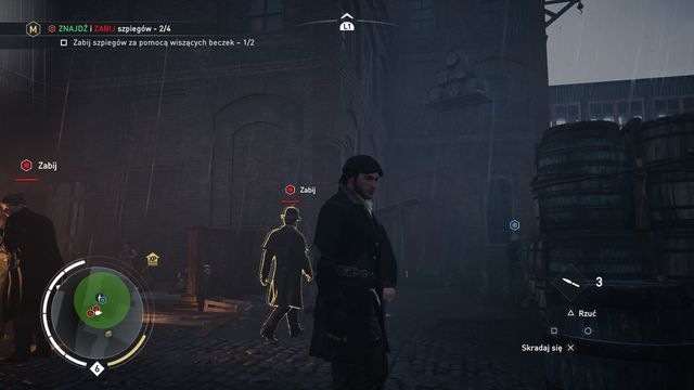 In few places the spies will be walking under the hanging barrels. - 01 - Cat and Mouse | Karl Marx Memories - Karl Marx Memories - Assassins Creed: Syndicate Game Guide & Walkthrough