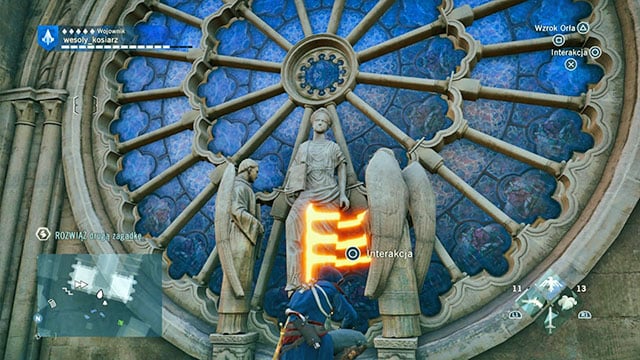 The next answer is above the main entrance of the Notre-Dame Cathedral, on the angel statues, opposite the stained-glass window, on the balcony - Side quests | Palais de Justice map in AC Unity - Palais de Justice - Assassins Creed: Unity Game Guide & Walkthrough