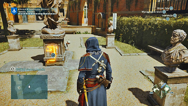 You will find the first solution in the garden, at the base of the statue in the center - Side quests | Arsenal map in AC Unity - Arsenal - Assassins Creed: Unity Game Guide & Walkthrough