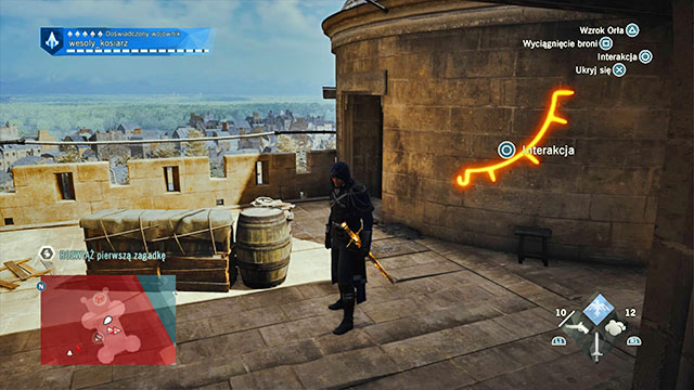 You find the first solution on the roof of the Temple keep, on the wall of the short tower, near the place where you first fought Germain - Side quests | Temple map in AC Unity - Temple - Assassins Creed: Unity Game Guide & Walkthrough