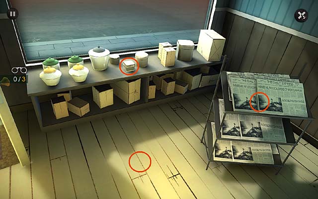 Make an observation of three clues: well-ordered shelves, magazines and papers in order, no signs of a struggle on the floor - Inspect the crime scene - Chapter one - Andover - Agatha Christie: The ABC Murders - Game Guide and Walkthrough