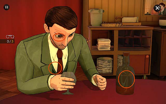 Notice dark circles under his eyes, crumpled clothes and a bottle of Whitehorse whisky - Question Donald Fraser - Chapter two - Bexhill - Agatha Christie: The ABC Murders - Game Guide and Walkthrough