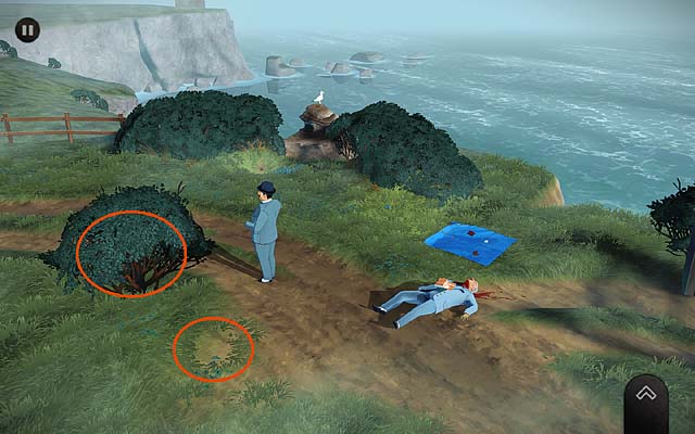 Also look at the bush near the path and trampled grass behind the bush - Examine the crime scene - Chapter three - Churston - Agatha Christie: The ABC Murders - Game Guide and Walkthrough