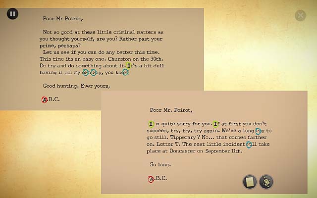 Click the letters on the desk and compare them just like before - underline a word in the one letter and then in the second - Compare the new letter with the other letters from ABC - Chapter three - Churston - Agatha Christie: The ABC Murders - Game Guide and Walkthrough