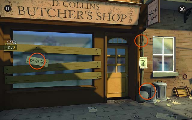 Find three clues: empty shop for rent, crumpy shops front (on the right from the entrance) and rubbish - Go and meet Japp - Chapter one - Andover - Agatha Christie: The ABC Murders - Game Guide and Walkthrough