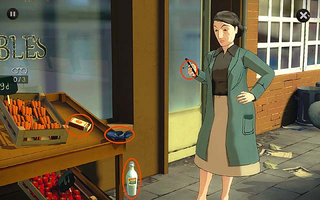 Look at the owner of fruit and vegetable shop (three clues): an extinguished cigarette, a full ashtray and a box of matches - Inspect the tobacco shops surroundings - Chapter one - Andover - Agatha Christie: The ABC Murders - Game Guide and Walkthrough