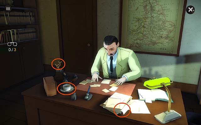 Now look at Japp (three clues) and at the piles of files, cup of cold tea and telephone off the hook (during the conversation you will get 3 ego points) - Go to Scotland Yard and inform Japp about the B letter - Chapter one - Andover - Agatha Christie: The ABC Murders - Game Guide and Walkthrough