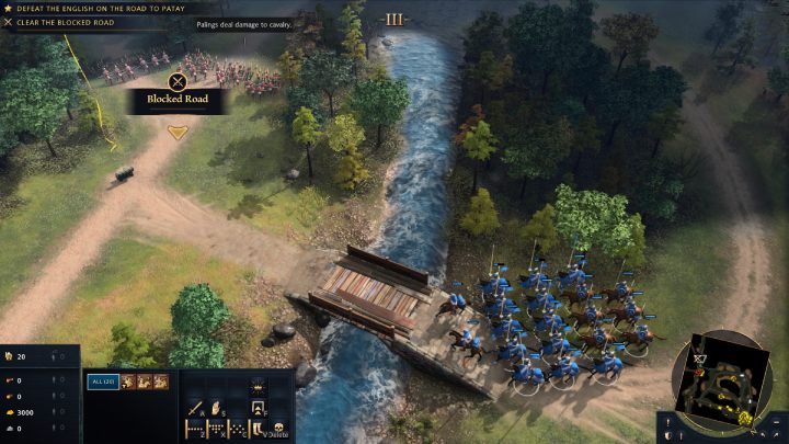 The next mission objective will be to destroy the palisade blocking the road - Age of Empires 4: The Battle of Patay (The Hundred Years War) - walkthrough - The Hundred Years War - Age of Empires 4 Guide