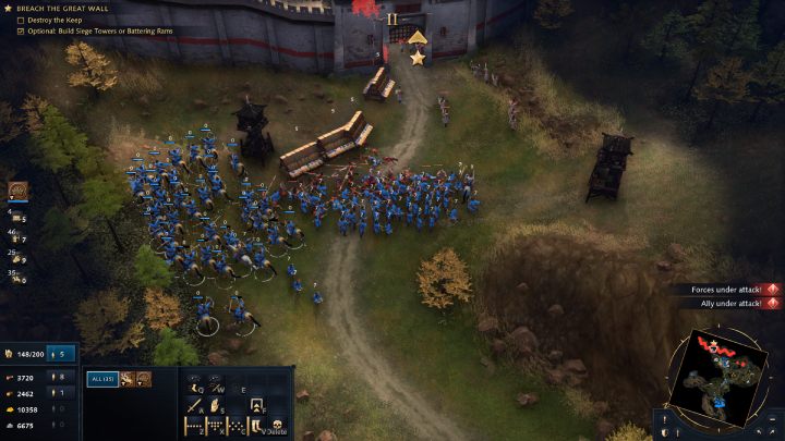 Attack the spearmen who will jump out at you from behind the wall and immediately send in the battering rams to destroy the gate - Age of Empires 4: The Great Wall (The Mongol Empire) - walkthrough - The Mongol Empire - Age of Empires 4 Guide
