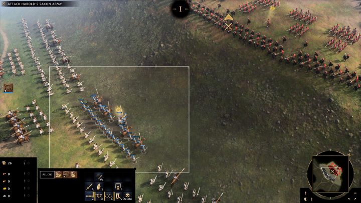Select the army by holding down the left mouse button and right-click on the designated spot on the map to attack enemy units - Age of Empires 4: The Battle of Hastings (The Normans) - walkthrough - The Normans - Age of Empires 4 game guide