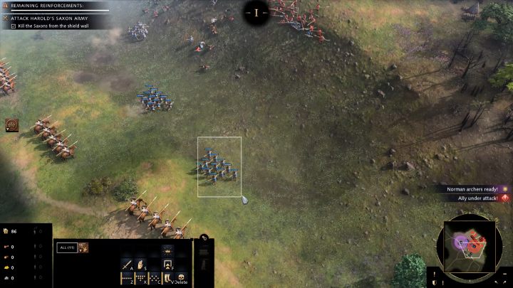 Select your archers and attack the spearman of the enemy army - Age of Empires 4: The Battle of Hastings (The Normans) - walkthrough - The Normans - Age of Empires 4 game guide