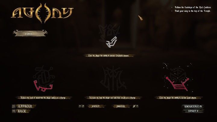 The skill tree consists of 4 basic skills: possession of Martyrs, reduces the amount of noise the player makes as a Martyr, increase of the amount of time you can hold your breath and the ability to survive weak attacks - How to develop the character? | Agony - Starting Tips - Agony Game Guide