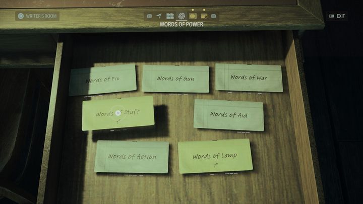 Words of Power - in this tab, you'll make use of gathered Words of Power, which are special collectibles that allow you to develop your hero - Alan Wake 2: Writers Room - Basics - Alan Wake 2 Guide