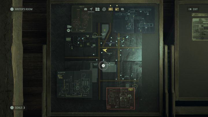 Map - the maps of The Dark Place hanging on one of the boards will help you "navigate" the realm and make returning to previously visited locations easier - Alan Wake 2: Writers Room - Basics - Alan Wake 2 Guide