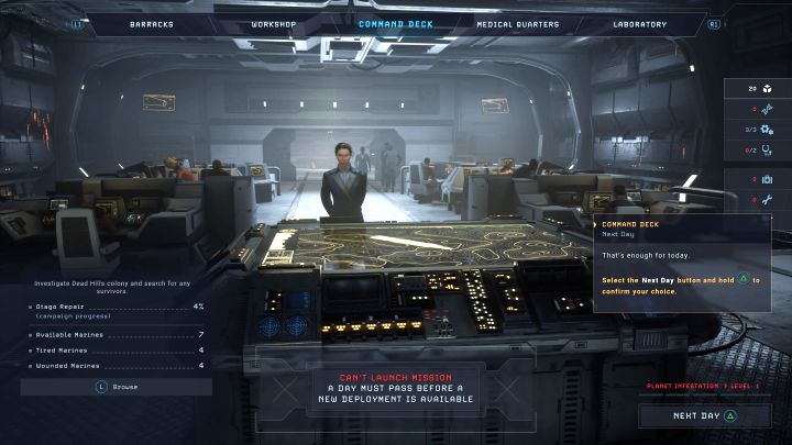 At every return to USS Otago, you can do the following - Aliens Dark Descent: How to reset aggressiveness level? - FAQ - Aliens Dark Descent Guide