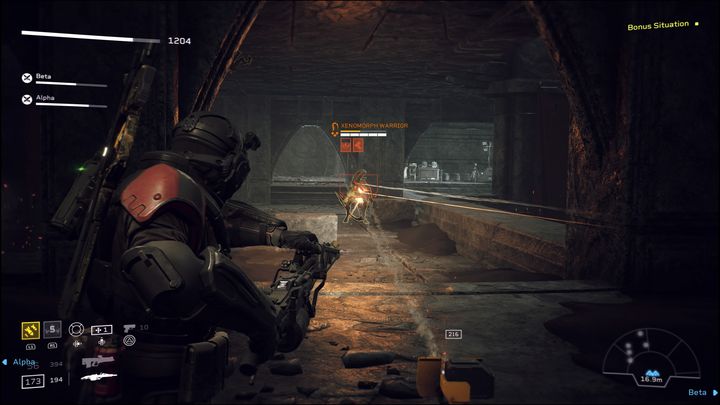 Most of the enemies are standard ones, but you'll also encounter ranged opponents, and a Warrior, so conserve your ammo, and if you run out, go to the ammo crate and replenish - Aliens Fireteam Elite: Recon - walkthrough - A gift of fire - Aliens Fireteam Elite Guide