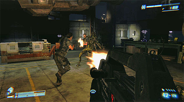 Try to stay within the main area of the vehicle bay for the most of the battle, especially given that the rooms are small are poorly lit, and many Xenomorphs will come out of vent shafts - Set up a defense perimeter - Mission 9: Hope in Hadleys - Aliens: Colonial Marines - Game Guide and Walkthrough