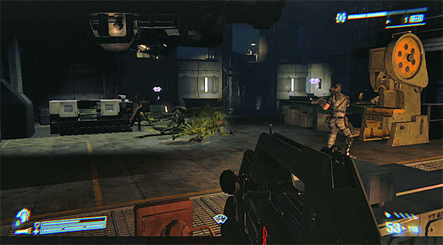 The following waves will start coming from the further area of the bay, and this is when the sentry turret comes into play; it will not only fire at the Xenos jumping down on the floor, but the ones trying to get to your allies on the gallery as well - Set up a defense perimeter - Mission 9: Hope in Hadleys - Aliens: Colonial Marines - Game Guide and Walkthrough