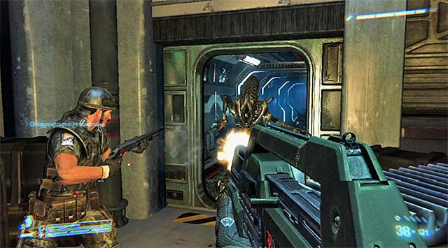 Turn around and eliminate a single alien that will be trying to open the door again - Fall back to the Sephora - Mission 1: Distress - Aliens: Colonial Marines - Game Guide and Walkthrough