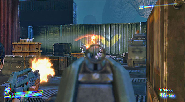 Despite what it looks like, you don't need to hurry, because the dropship won't attack your team - Escape to the elevator with Bella and ONeal - Mission 6: For Bella - Aliens: Colonial Marines - Game Guide and Walkthrough