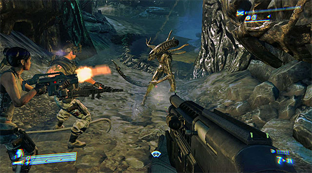 When the first wave of fighting is over, try to get to the upper gallery on the left; there should be an armor piece there - Find a way into the Weyland-Yutani Facility to save Bella - Mission 7: One Bullet - Aliens: Colonial Marines - Game Guide and Walkthrough